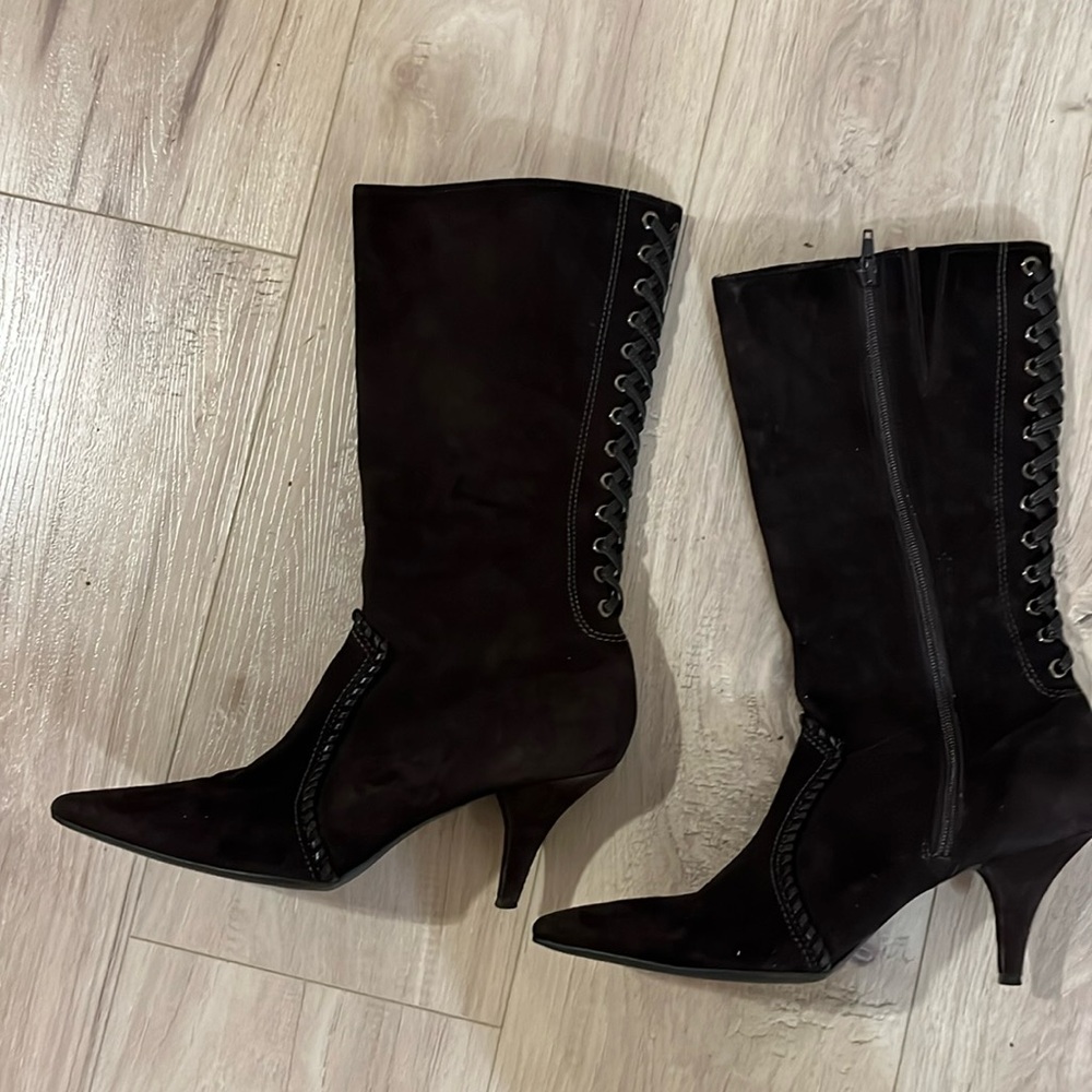 Gianni Bini June Boots mid calf heels zip brown suede leather size 8 1/2 medium.